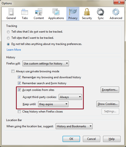 Firefox Enable Cookies